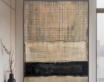 Minimalist Grid Abstract Painting, Large Modern Canvas Wall Art, Luxury Industrial Office Decor, Unique Anniversary Gift for Art Lovers