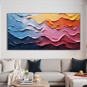 Vibrant Abstract Wave Oil Painting,Large Wall Art,Original Colorful Hand-Painted Textured Painting,Impasto Painting,Modern Living Room Decor
