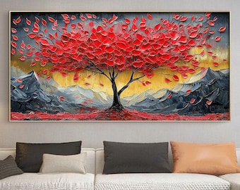 Original Tree of Life Oil Painting on Canvas,Large Custom Wall Art,Abstract Red Tree Texture Painting,Boho Wall Décor,Living room Wall Decor