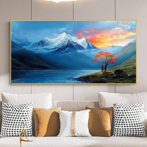 Original White Mountain Oil Painting on Canvas, Abstract Blue Landscape Painting, Large Custom Wall Art, Modern Minimalist Living Room Decor