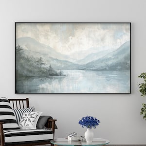 Large Original Natural Scenery Oil Painting on Canvas, Abstract Lake Landscape Painting, Boho Forest Wall Art, Modern Living Room Decor