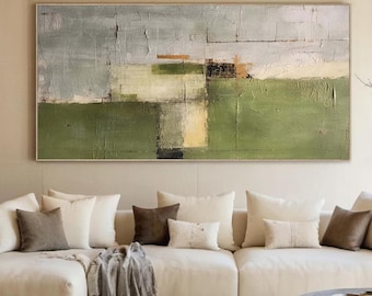 Wabi-Sabi muurkunst grote groene abstracte canvaskunst groen en beige textuur schilderij groen abstract minimalistisch schilderij Boho Wall Art Decor