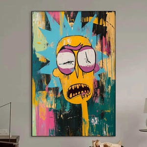 Pop Art inspirowany Rickiem i Mortym, abstrakcyjne malarstwo na płótnie, kolorowa sztuka 3D, nowoczesna sztuka kreskówkowa do salonu, wyjątkowy ręcznie malowany wystrój