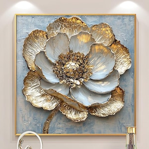 Pintura floral con impasto dorado, arte mural floral blanco abstracto texturizado