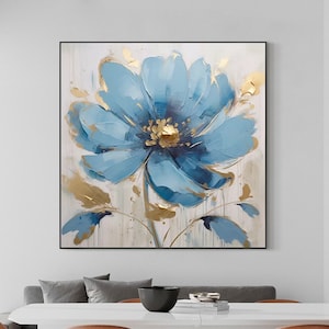 Original Blue Flower Oil Painting on Canvas,Large Wall Art,Abstract Floral Wall Art,Boho Wall Décor,Custom Painting, Living room Wall Decor