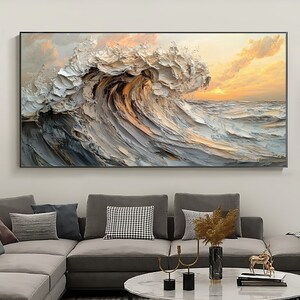 Original Waves Oil Painting On Canvas, Large Wall Art, Abstract Texture Yellow Sunset Painting, Custom Painting, Modern Living Room Decor