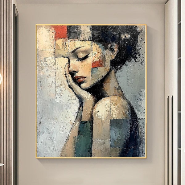 Abstract Girl Portrait Oil Painting on Canvas, Textured Grey Wall Art
