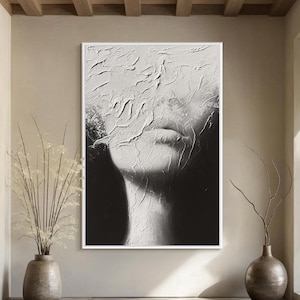 Abstract Figure Painting Large Textured Wall Art Black White Women Face Painting Minimalist Figurative Canvas Art Modern Livingroom Decor