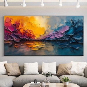 Original Colorful Mountain Oil Painting on Canvas,Large Abstract Blue Texture Minimalist Art,Boho Wall Art,Custom Painting,Living Room Decor