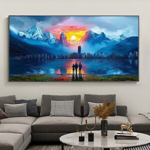 Original Sunrise Natural Scenery Oil Painting on Canvas, Large Wall Art,Abstract Blue Mountain Custom Painting,Modern Living Room Decor Gift