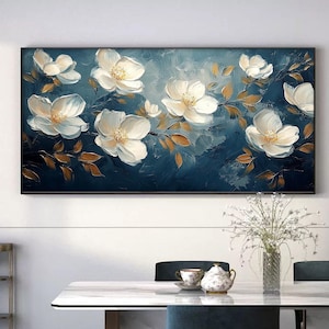 Original Blooming flower Oil Painting on Canvas,Large Abstract White Floral Wall Art,Boho Wall Décor,Custom Painting,Living room Wall Decor