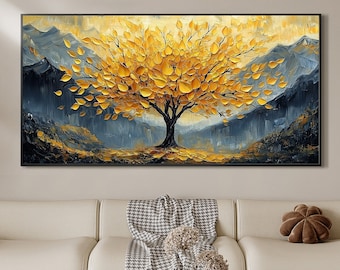 Original Golden Tree Oil Painting on Canvas, Large Wall Art, Abstract  Mountain Landscape Painting, Boho Wall Décor, Living room Wall Decor