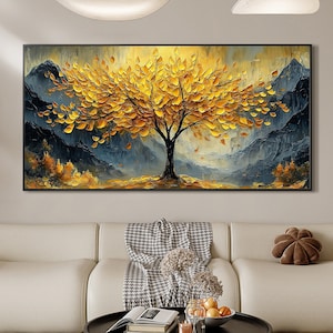 Large Original Golden Tree Oil Painting on Canvas, Abstract Mountain Landscape Art, Custom Painting, Boho Wall Décor, Living room Wall Decor