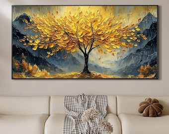 Large Original Golden Tree Oil Painting on Canvas, Abstract Mountain Landscape Art, Custom Painting, Boho Wall Décor, Living room Wall Decor