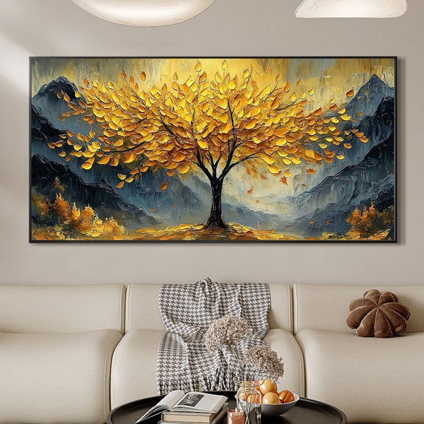 Cuadro de montañas con árboles dorados texturizados sobre lienzo, pintura abstracta de paisaje, decoración de pared 3D con espátula.