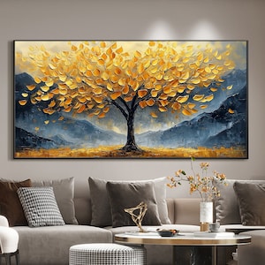 Original Tree of Life Oil Painting on Canvas,Large Wall Art, Abstract Golden Tree Landscape Wall Art,Boho Wall Décor, Living room Wall Decor