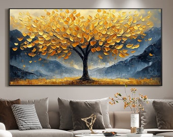 Original Tree of Life Oil Painting on Canvas,Large Wall Art, Abstract Golden Tree Landscape Wall Art,Boho Wall Décor, Living room Wall Decor