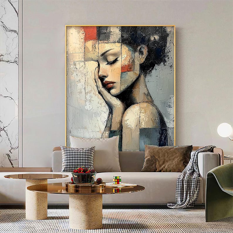 Abstract Girl Portrait Oil Painting on Canvas, Textured Grey Wall Art ...