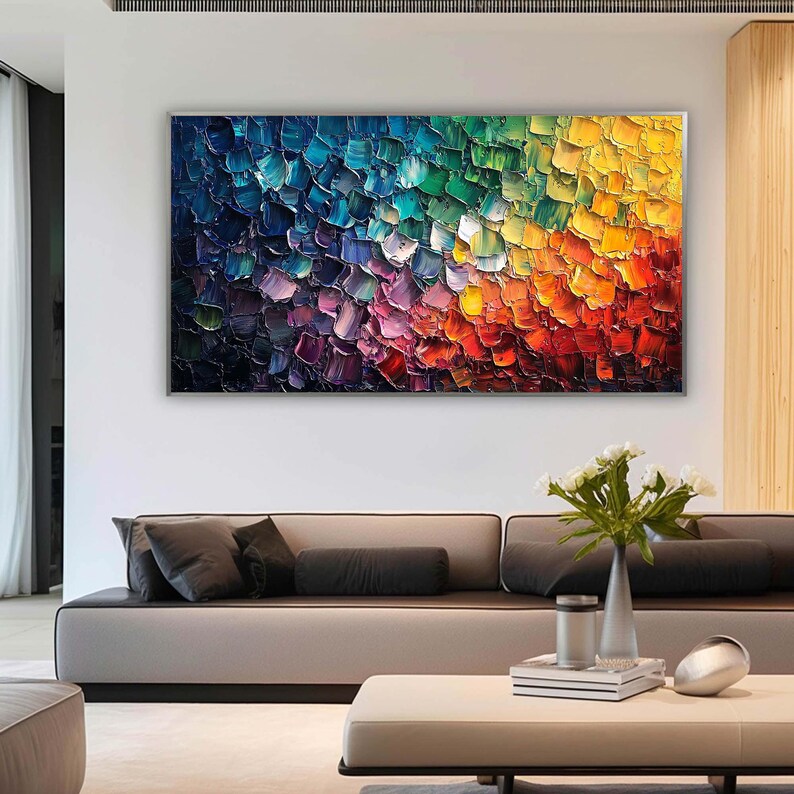 Vibrant Abstract Impasto Painting on Canvas,Multicolored Palette Knife Textured Wall Art,Luxurious Modern Expressionist Living Room Wall Art