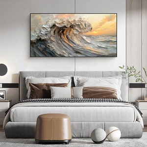 Original Waves Oil Painting On Canvas, Large Wall Art, Abstract Texture Yellow Sunset Painting, Custom Painting, Modern Living Room Decor