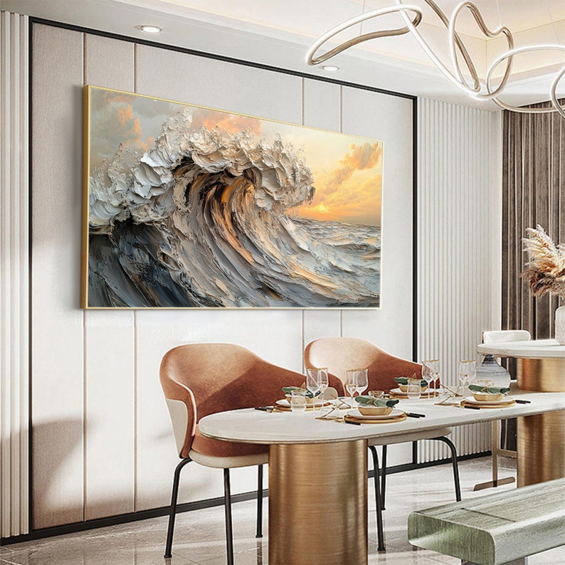 Original Waves Oil Painting On Canvas, Large Wall Art, Abstract Texture Yellow Sunset Painting, Custom Painting, Modern Living Room Decor
