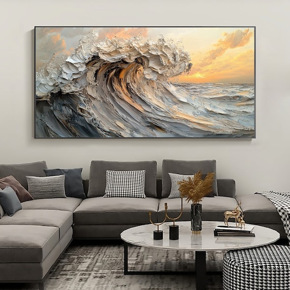 Original Waves Oil Painting on Canvas, Abstract Texture, Modern Living Room Decor