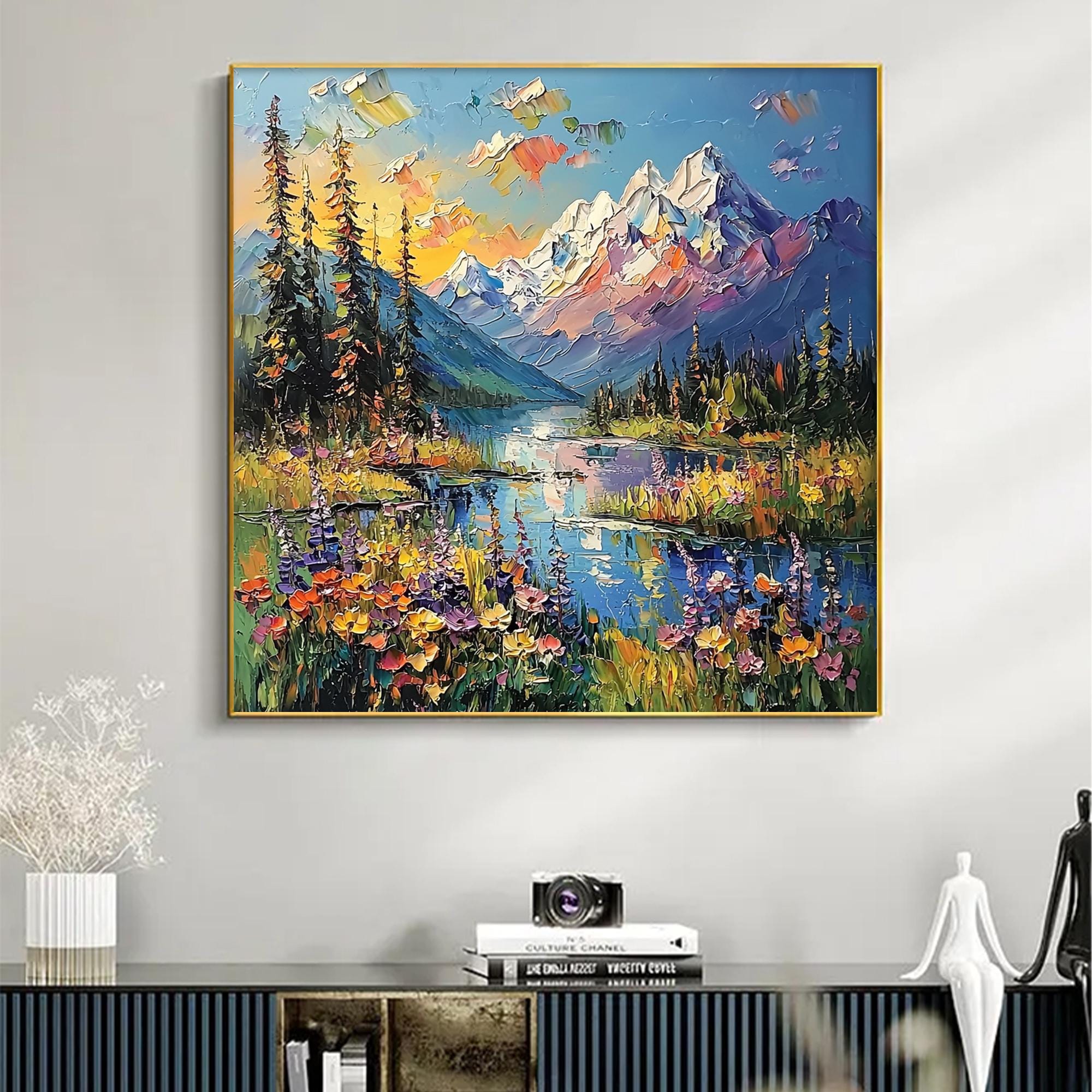 抽象的な山の油絵、大きな青い風景画、モダンな装飾 - Etsy 日本
