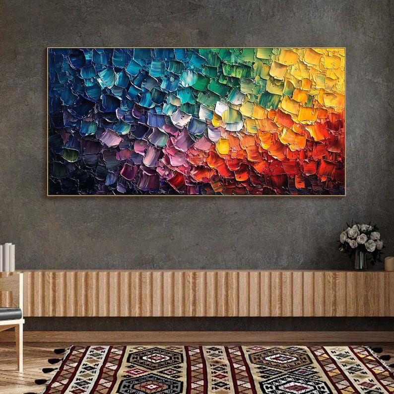 Vibrant Abstract Impasto Painting on Canvas,Multicolored Palette Knife Textured Wall Art,Luxurious Modern Expressionist Living Room Wall Art