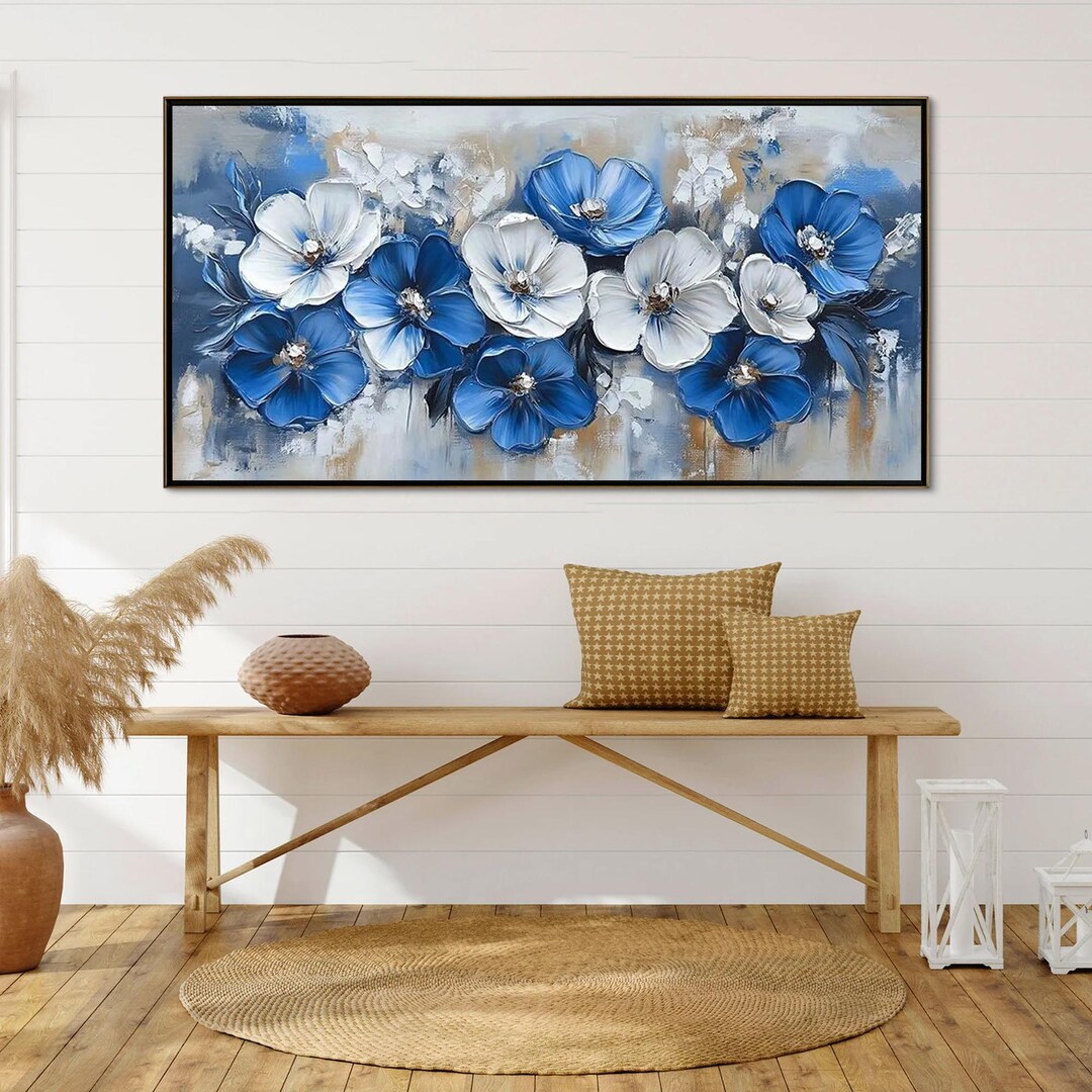 Abstract Flower Oil Painting on Canvas, Large Wall Art Original Blue ...