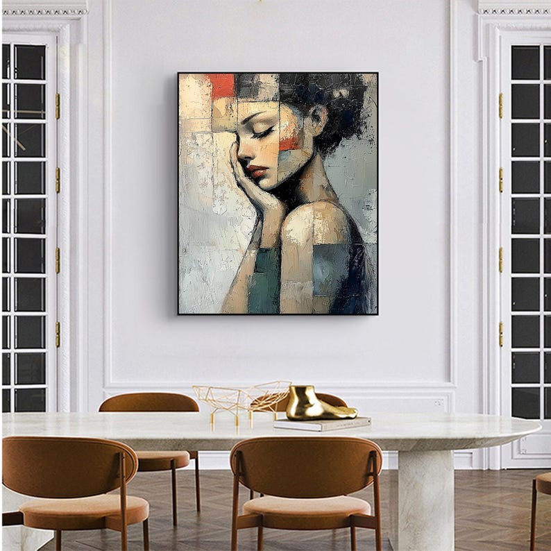 Abstract Girl Portrait Oil Painting on Canvas, Textured Grey Wall Art ...