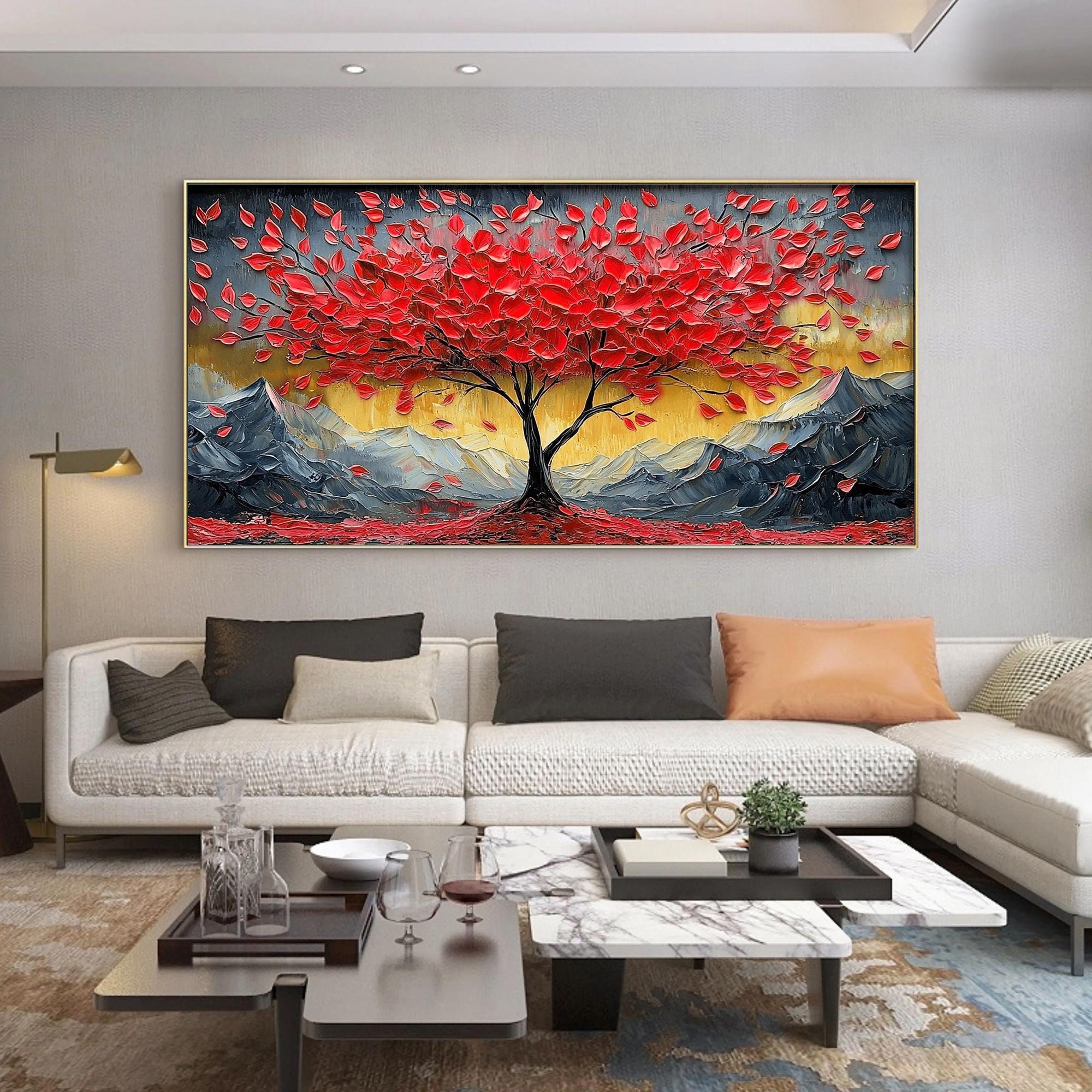 Textured Red Tree Oil Painting, 3D Landscape Canvas Art - Etsy