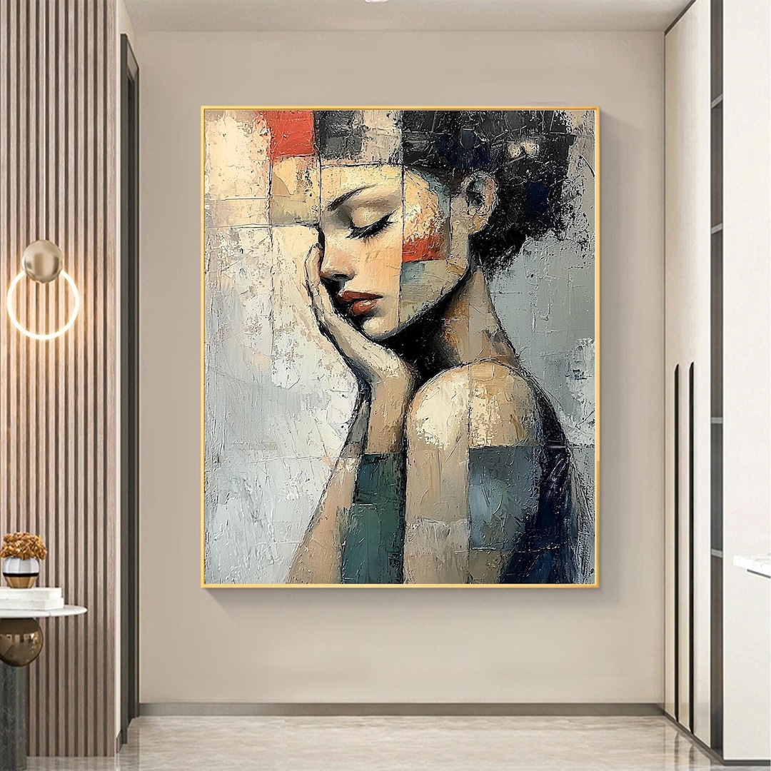 Abstract Girl Portrait Oil Painting on Canvas, Textured Grey Wall Art ...