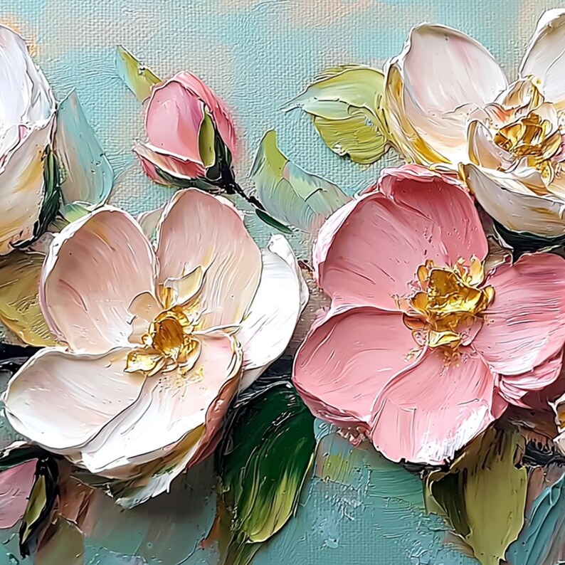 Textured Pink Blossom Oil Painting, 3D Impasto Floral Canvas Wall Art ...