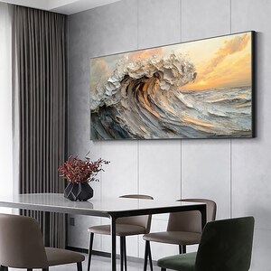 Original Waves Oil Painting On Canvas, Large Wall Art, Abstract Texture Yellow Sunset Painting, Custom Painting, Modern Living Room Decor
