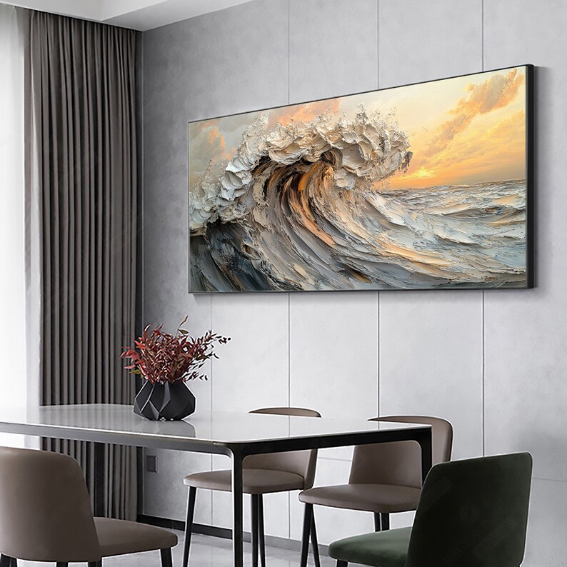 Original Waves Oil Painting On Canvas, Large Wall Art, Abstract Texture Yellow Sunset Painting, Custom Painting, Modern Living Room Decor
