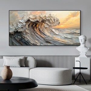 Original Waves Oil Painting On Canvas, Large Wall Art, Abstract Texture Yellow Sunset Painting, Custom Painting, Modern Living Room Decor