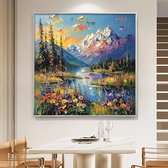 抽象的な山の油絵、大きな青い風景画、モダンな装飾 - Etsy 日本