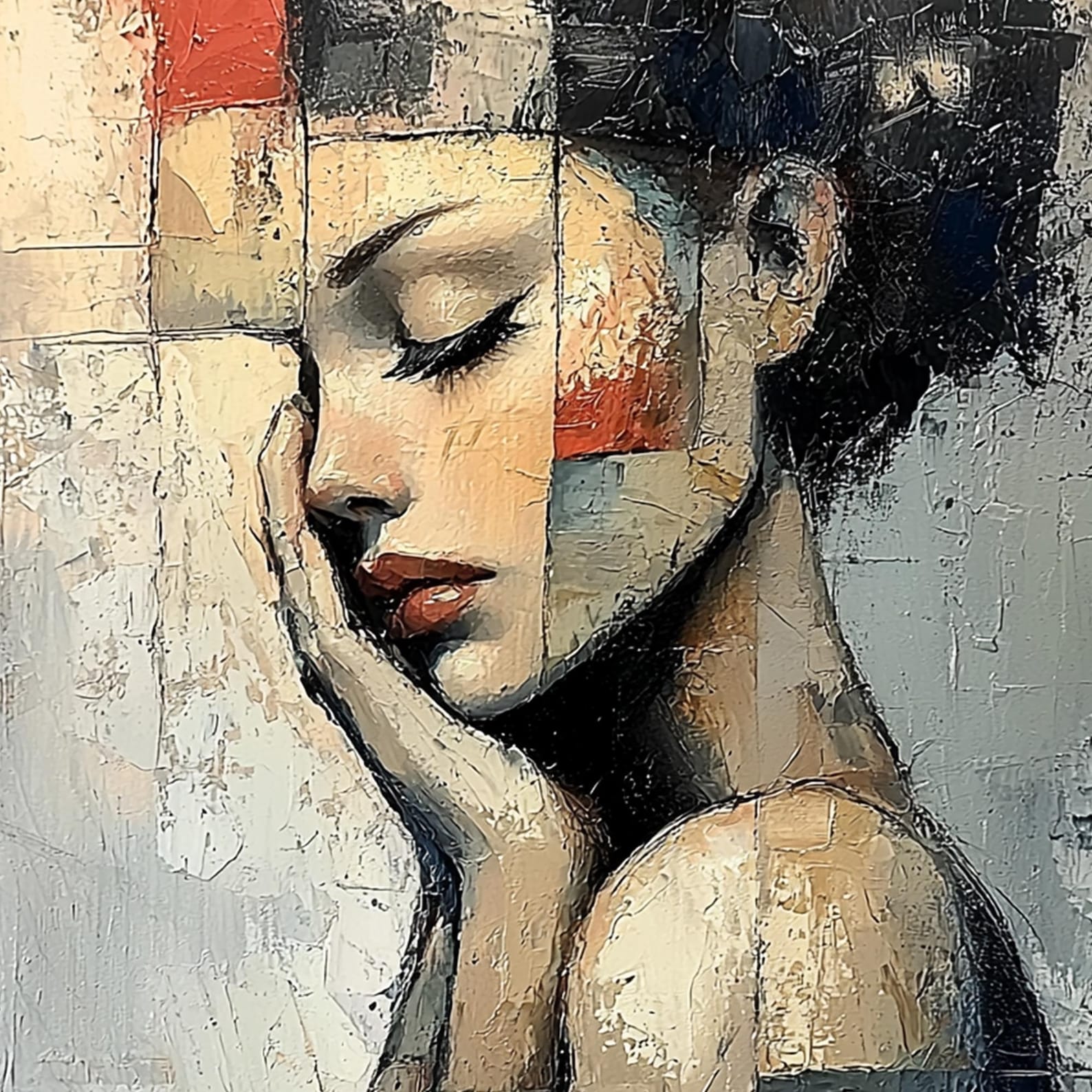 Abstract Girl Portrait Oil Painting on Canvas, Textured Grey Wall Art ...