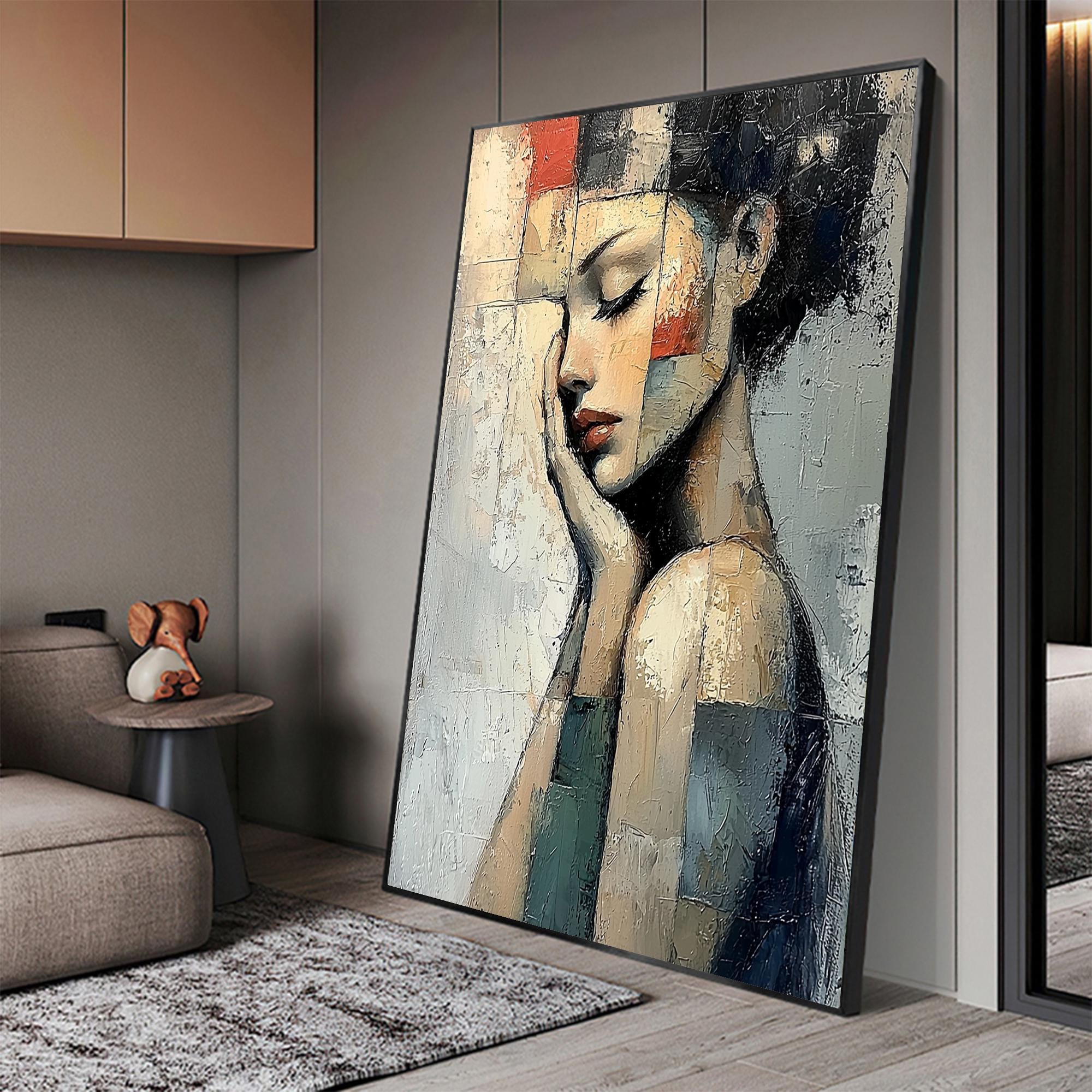 Abstract Girl Portrait Oil Painting on Canvas, Textured Grey Wall Art ...