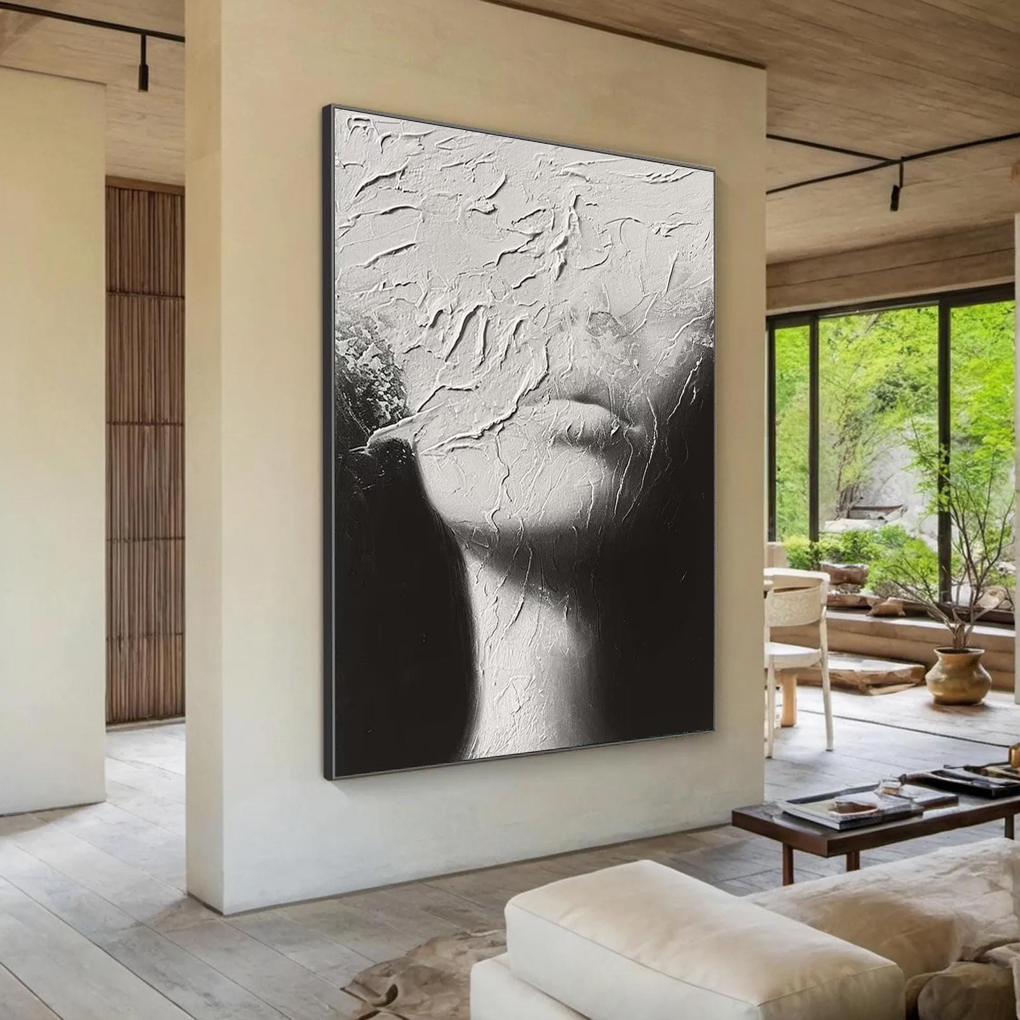 Textured Black & White Woman Face Painting, Abstract Figurative Canvas Art