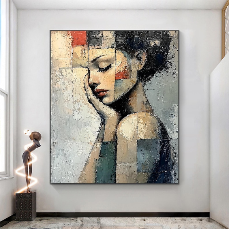 Abstract Girl Portrait Oil Painting on Canvas, Textured Grey Wall Art ...