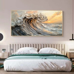 Original Waves Oil Painting On Canvas, Large Wall Art, Abstract Texture Yellow Sunset Painting, Custom Painting, Modern Living Room Decor