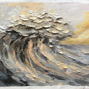Original Waves Oil Painting On Canvas, Large Wall Art, Abstract Texture Yellow Sunset Painting, Custom Painting, Modern Living Room Decor