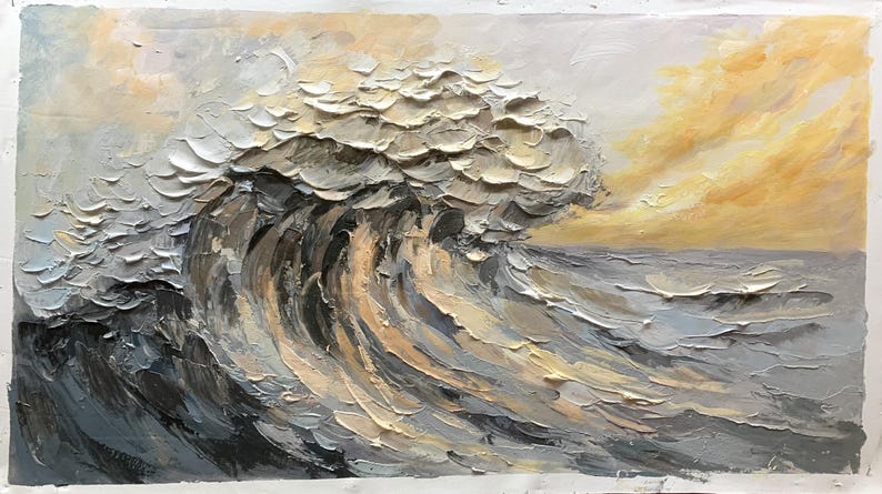 Original Waves Oil Painting On Canvas, Large Wall Art, Abstract Texture Yellow Sunset Painting, Custom Painting, Modern Living Room Decor