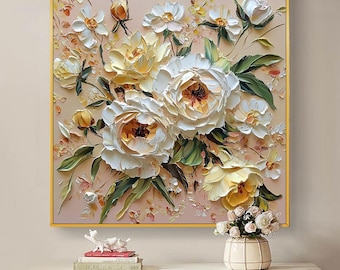 Pintura al óleo de flores blancas texturizadas, gran lienzo abstracto floral.