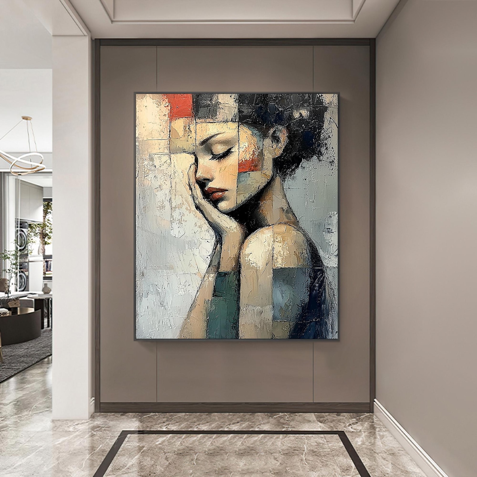 Abstract Girl Portrait Oil Painting on Canvas, Textured Grey Wall Art ...