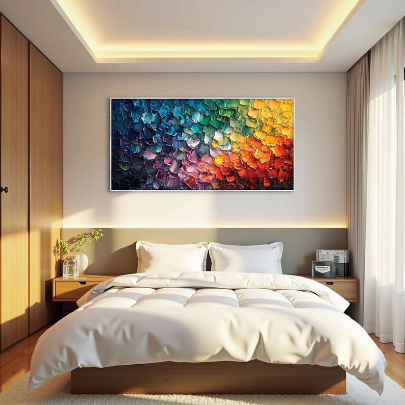 Vibrant Abstract Impasto Painting on Canvas,Multicolored Palette Knife Textured Wall Art,Luxurious Modern Expressionist Living Room Wall Art