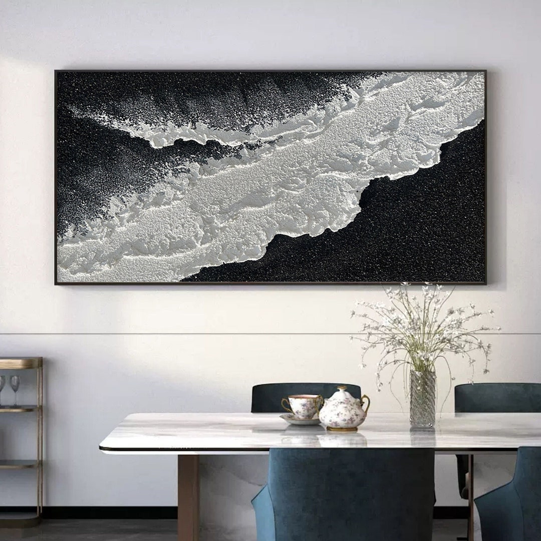 Original Abstract Black Ocean Beach Painting on Canvas, Modern Textured