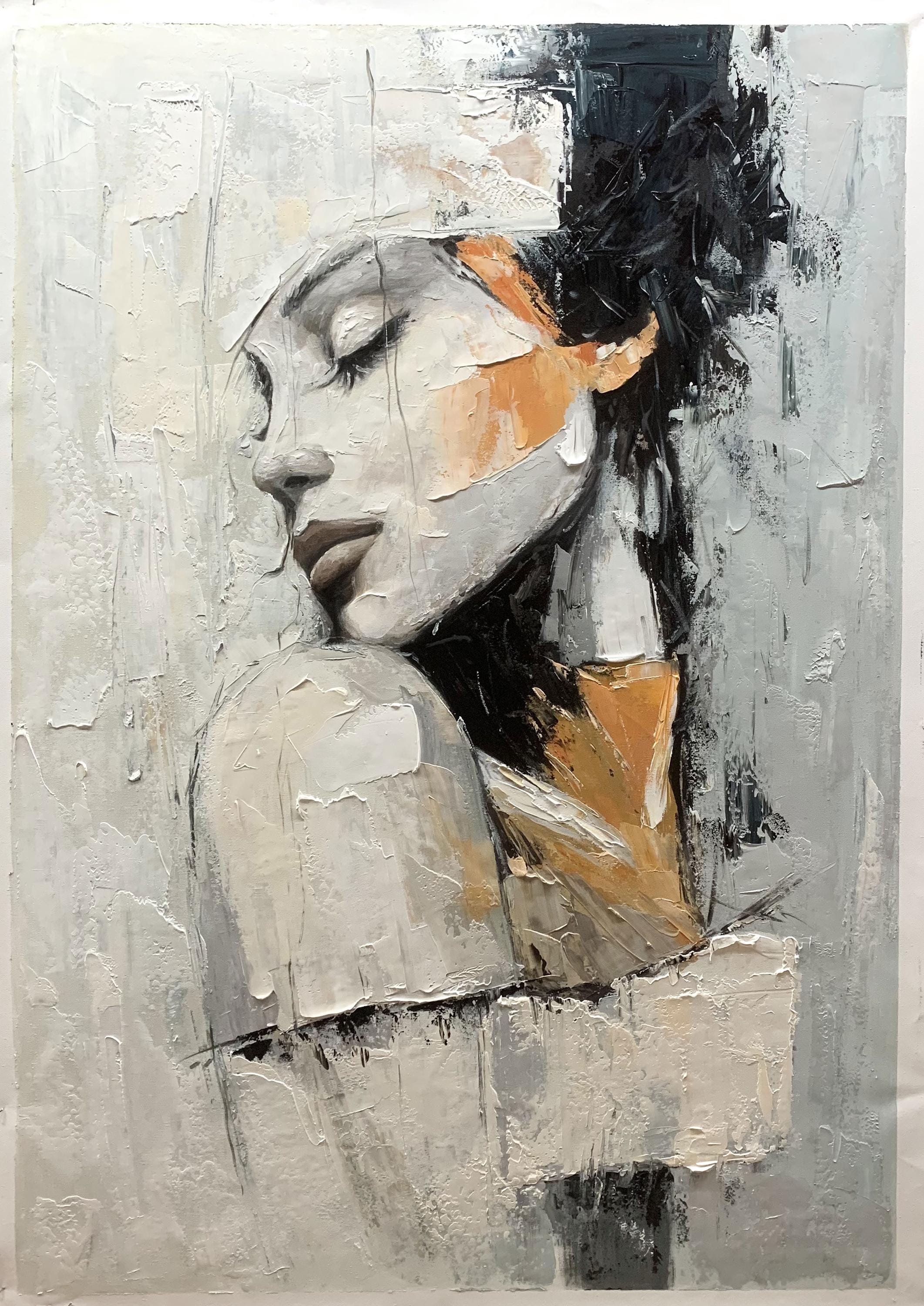 Original Portrait Oil Painting on Canvas, Large Wall Art, Abstract Grey ...