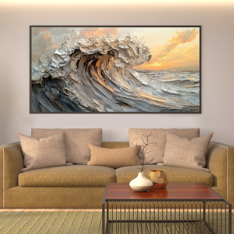 Original Waves Oil Painting On Canvas, Large Wall Art, Abstract Texture Yellow Sunset Painting, Custom Painting, Modern Living Room Decor